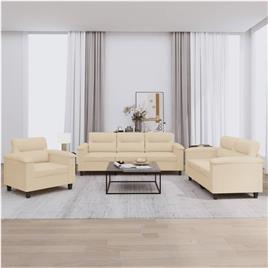 vidaXL 3 pcs conj. sofás c/ almofadões tecido de microfibra cor creme