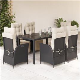 vidaXL 7 pcs conjunto de jantar p/ jardim c/ almofadões vime PE preto