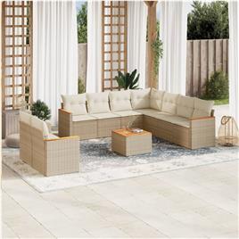 vidaXL 10 pcs conjunto de sofás p/ jardim com almofadões vime PE bege