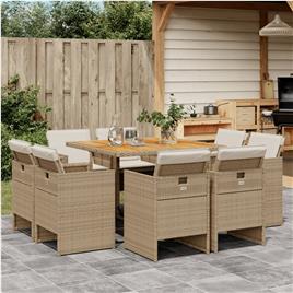 vidaXL 9 pcs conjunto de jantar p/ jardim com almofadões vime PE bege