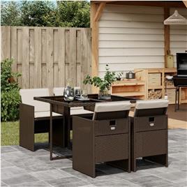 vidaXL 5 pcs conjunto jantar p/ jardim c/ almofadões vime PE castanho