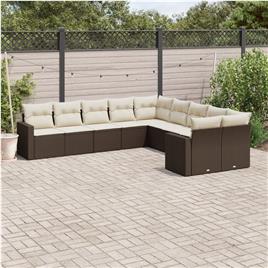 vidaXL 10 pcs conj. sofás jardim com almofadões vime PE castanho