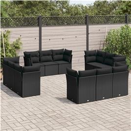 vidaXL 12 pcs conjunto de sofás de jardim c/ almofadões vime PE preto