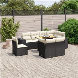 vidaXL 9 pcs conjunto de sofás p/ jardim c/ almofadões vime PE preto