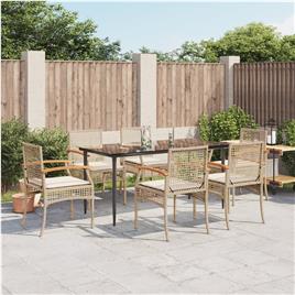vidaXL 7 pcs conjunto de jantar p/ jardim com almofadões vime PE bege