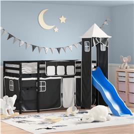 vidaXL Cama alta criança c/ torre 90x190 cm pinho maciço branco/preto