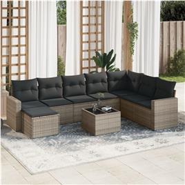 vidaXL 9 pcs conjunto sofás p/ jardim com almofadões vime PE cinzento