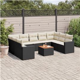 vidaXL 10 pcs conjunto sofás de jardim c/ almofadões vime PE preto