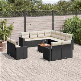 vidaXL 12 pcs conjunto de sofás de jardim c/ almofadões vime PE preto