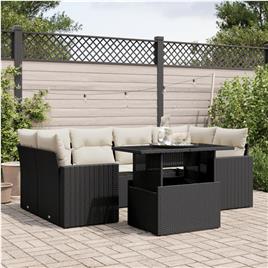 vidaXL 7 pcs conjunto de sofás p/ jardim c/ almofadões vime PE preto