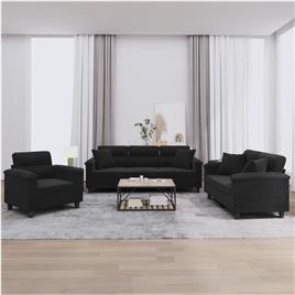vidaXL 3 pcs conjunto sofás c/ almofadas tecido de microfibra preto
