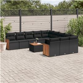vidaXL 12 pcs conjunto de sofás de jardim c/ almofadões vime PE preto