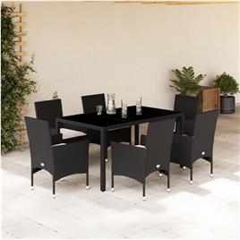 vidaXL 7 pcs conjunto jantar jardim c/almofadões vime PE/vidro preto
