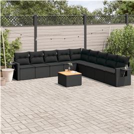 vidaXL 10 pcs conjunto sofás de jardim c/ almofadões vime PE preto