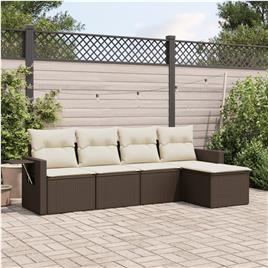 vidaXL 5 pcs conjunto sofás p/ jardim c/ almofadões vime PE castanho