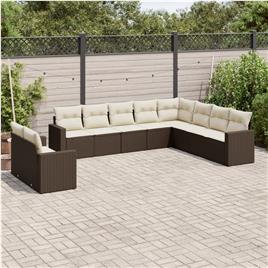 vidaXL 10 pcs conj. sofás jardim com almofadões vime PE castanho