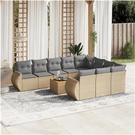 vidaXL 11 pcs conjunto sofás de jardim c/ almofadões vime PE bege