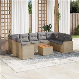 vidaXL 10 pcs conj. sofás jardim c/ almofadões vime PE bege misturado