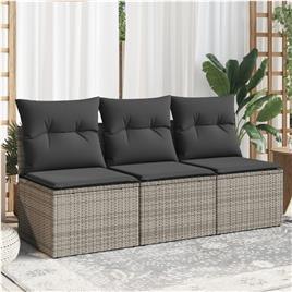 vidaXL Sofá de jardim de 3 lugares com almofadões vime PE cinzento