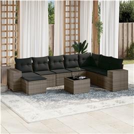 vidaXL 9 pcs conjunto sofás p/ jardim com almofadões vime PE cinzento