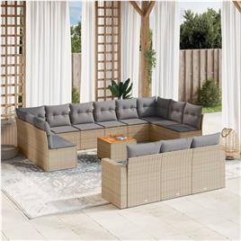 vidaXL 14 pcs conj. sofás jardim c/ almofadões vime PE bege misturado