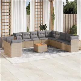 vidaXL 12 pcs conj. sofás jardim c/ almofadões vime PE bege misturado