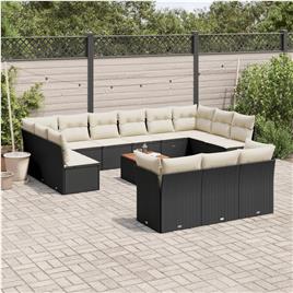 vidaXL 14 pcs conjunto de sofás p/ jardim c/ almofadões vime PE preto