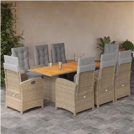 vidaXL 9 pcs conjunto de jantar p/ jardim com almofadões vime PE bege