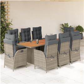 vidaXL 9 pcs conjunto de jantar p/ jardim c/ almofadões vime PE cinza