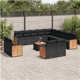 vidaXL 14 pcs conjunto de sofás p/ jardim c/ almofadões vime PE preto