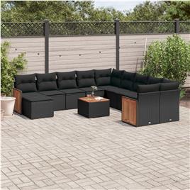 vidaXL 12 pcs conjunto de sofás de jardim c/ almofadões vime PE preto