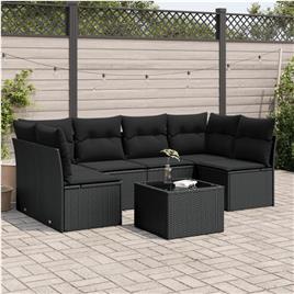 vidaXL 7 pcs conjunto de sofás p/ jardim c/ almofadões vime PE preto