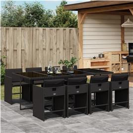 vidaXL 9 pcs conjunto de jantar p/ jardim c/ almofadões vime PE preto