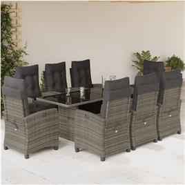 vidaXL 9 pcs conjunto de jantar p/ jardim c/ almofadões vime PE cinza