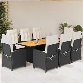 vidaXL 9 pcs conjunto de jantar p/ jardim c/ almofadões vime PE preto