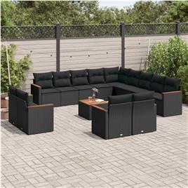 vidaXL 14 pcs conjunto de sofás p/ jardim c/ almofadões vime PE preto