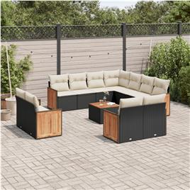 vidaXL 12 pcs conjunto de sofás de jardim c/ almofadões vime PE preto