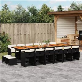 vidaXL 17 pcs conjunto de jantar p/ jardim c/ almofadões vime PE preto