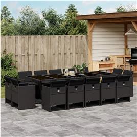vidaXL 15 pcs conjunto de jantar p/jardim com almofadões vime PE preto