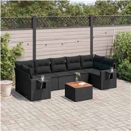 vidaXL 8 pcs conjunto sofás de jardim com almofadões vime PE preto