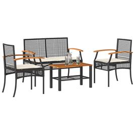 vidaXL 4 pcs conjunto lounge de jardim c/ almofadões vime PE preto
