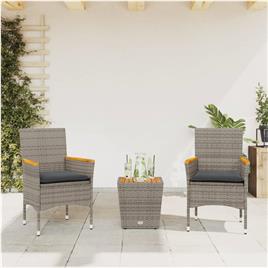 vidaXL 3 pcs conjunto de bistrô com almofadões vime PE/vidro cinza