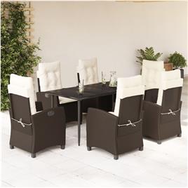 vidaXL 7 pcs conjunto jantar p/ jardim c/ almofadões vime PE castanho