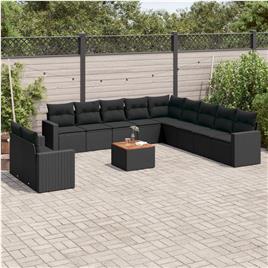 vidaXL 12 pcs conjunto de sofás de jardim c/ almofadões vime PE preto