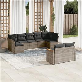 vidaXL 9 pcs conjunto sofás p/ jardim com almofadões vime PE cinzento