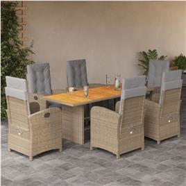 vidaXL 7 pcs conjunto de jantar p/ jardim com almofadões vime PE bege