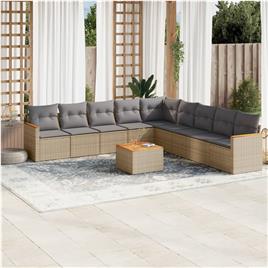 vidaXL 10 pcs conj. sofás jardim c/ almofadões vime PE bege misturado