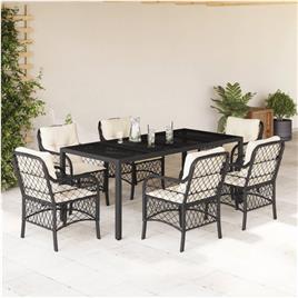 vidaXL 7 pcs conjunto de jantar p/ jardim c/ almofadões vime PE preto