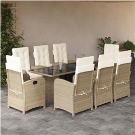 vidaXL 9 pcs conjunto de jantar p/ jardim com almofadões vime PE bege