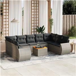 vidaXL 10 pcs conjunto sofás de jardim c/ almofadões vime PE cinzento